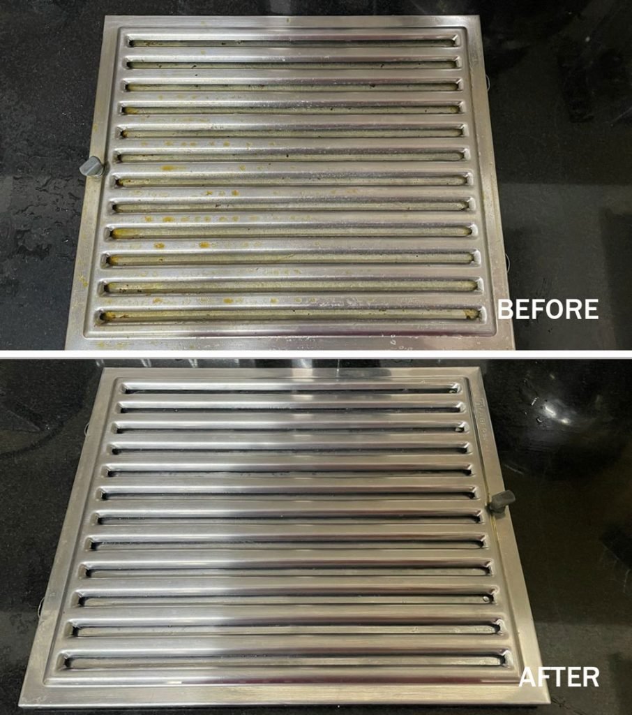 Before and After Image of chimney filter. However, The article on How to clean chimney with caustic soda at home will helpful to all. Use the method and see the result perfectly. 