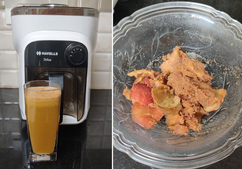 havells stilus juicer mixer grinder review- apple juice and pulp after juicing