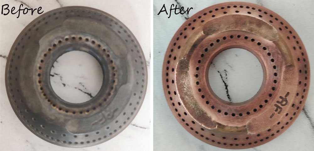 how to clean gas stove- burner cleaned in vinegar