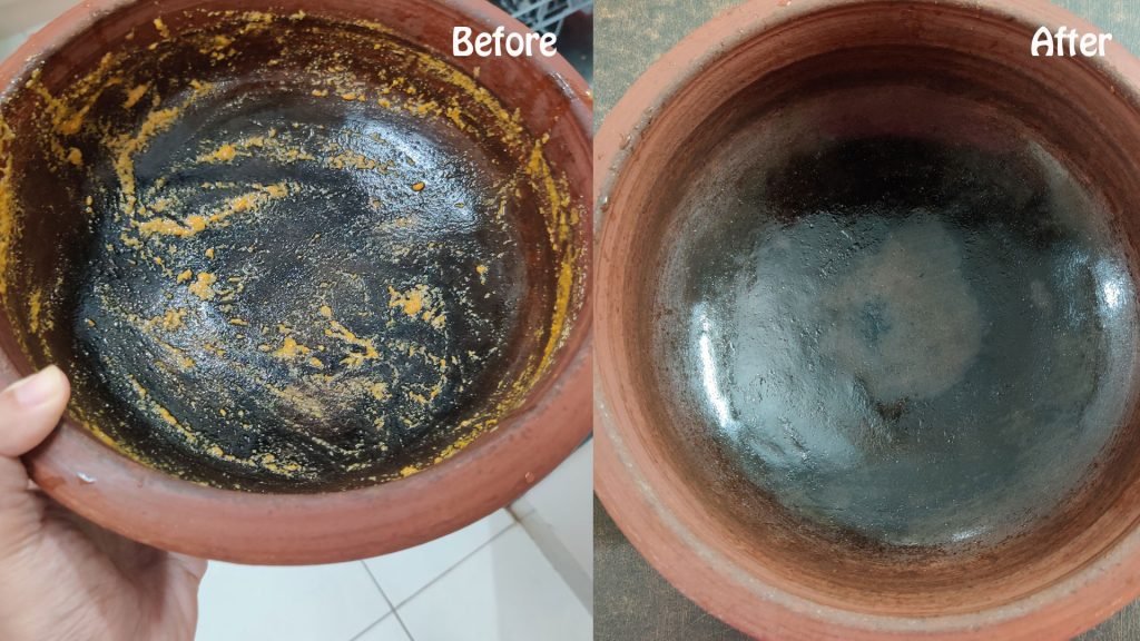 bosch dishwasher review- before and after cleaning clay pot.
