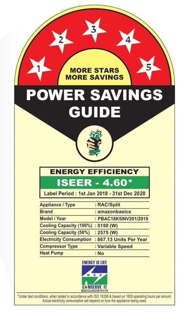 BEE label showing power consumption of AC